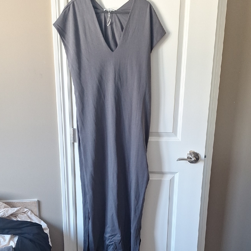 Zara Charcoal V-Neck Dress Cotton Jersey High Slits V Neck Pleated Back